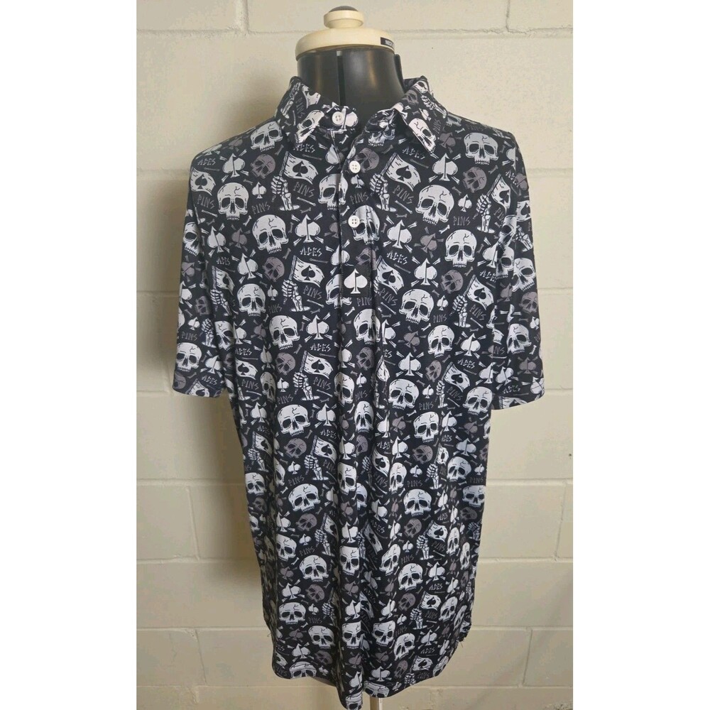 Pins & Aces Golf Polo Shirt Men's Med M Black Skulls Spades Limited 1 of 125 AOP